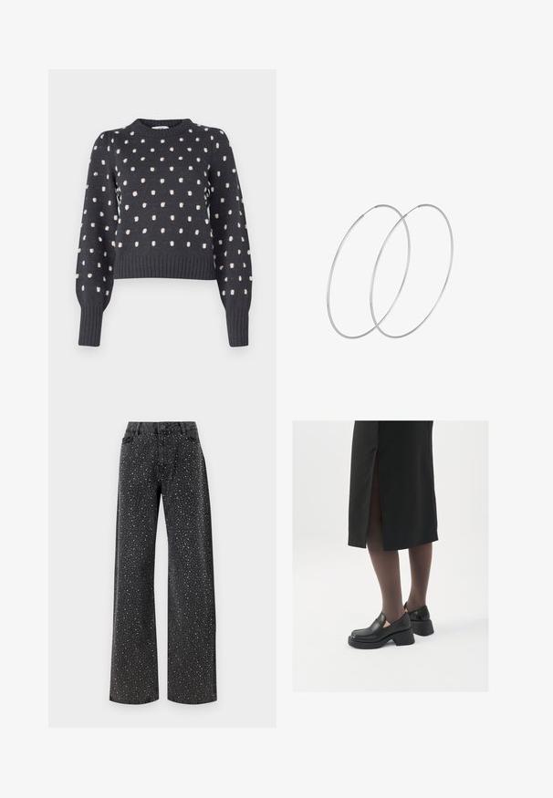 Tumehall villane sviiter ümmarguse kaelusega, millel on kerge roosa punktidega tekstuur ning ribidega mansetid ja alläär.; Noisy May NMJANNEL LOOSE - Avar lõikega teksad - black denim; Mustad mustad jalatsid ümmarguse varbaga, paksu plokkniidi ja elastsete külgdetailidega, kombineeritud tumedate sukkade ja musta lõhikuga seelikuga.; Hõbedased rõngastikkaehingad minimalistlikus disainis. Ümar kuju, sile tekstuur ja õhuke profiil. Kerged ning poleeritud viimistlusega.