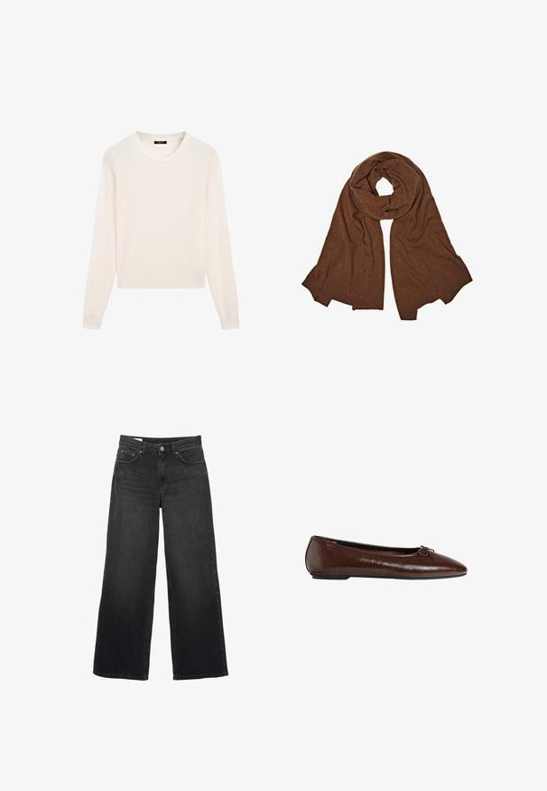 Pullover in Cremefarbe aus weichem Stoff, mit rundem Ausschnitt, langen Ärmeln und kurzem Saum. Einfaches und minimalistisches Design.; Schwarze weit geschnittene Jeans aus Denim. Sie verfügen über ein klassisches Fünf-Taschen-Design, eine gerade Silhouette und einen Knopfverschluss vorne.; Braune Leder-Ballettschuhe mit glatter Textur, spitzer Zehenpartie und einer Schleifenakzentierung auf der Vorderseite, ausgestattet mit einer niedrigen schwarzen Gummisohle.; Brauner gestrickter Schal mit weicher Textur, der ein langgestrecktes, drapiertes Design aufweist. Die Kanten sind mit einem gerippten Saum versehen.; Geflochtene olivgrüne Handtasche mit runder Form und gedrehter Tragegriff. Strukturiert Oberfläche mit diagonaler Musterung. Reißverschlussverschluss.