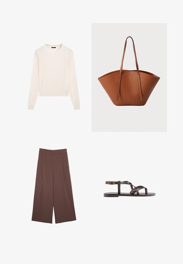 Pullover in Cremefarbe aus weichem Stoff, mit rundem Ausschnitt, langen Ärmeln und kurzem Saum. Einfaches und minimalistisches Design.; Braune Weite-Leg-Hosen mit einer glatten Textur, hoher Taille und Vorderfalten. Der Stoff ist leicht und fällt locker.; Braune Leder-Sandale mit überkreuzten Riemen, einem Knöchelriemen mit Schnalle und einer flachen Sohle mit minimalen Nähdetails.; Braune Leder-Tote mit einer breiten, strukturierten Form, dünnen Griffen und einer strukturierten Oberfläche. Bietet ein minimalistisches Design ohne sichtbare Beschläge.