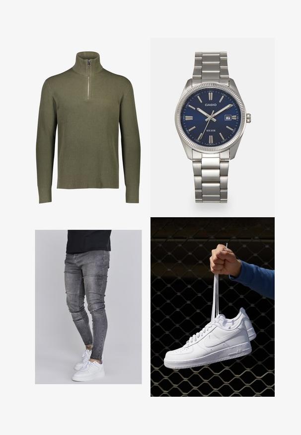 Olivno zelena rebrasta pletena puloverja z visokim ovratnikom in četrtinskim zadrgo. Ima dolge rokave in teksturirano površino.; Oprijete jeans hlače iz izbledele sive denima, z obrabljenimi detajli na kolenih, v kombinaciji z belimi športnimi copati. Gladka tekstura, oblikovan slim fit dizajn.; Bela usnjena športna obutev s perforacijami, okroglo konico, ravnim podplatom in debelimi vezalkami, z vidnim logotipom smoosh in napisom "AIR" na peti.; Srebrna nerjaveča jeklena ura z modrim številčnico, kovinskimi kazalci ter oknom za datum na 3. uri. Vodoodporna do 50 metrov.