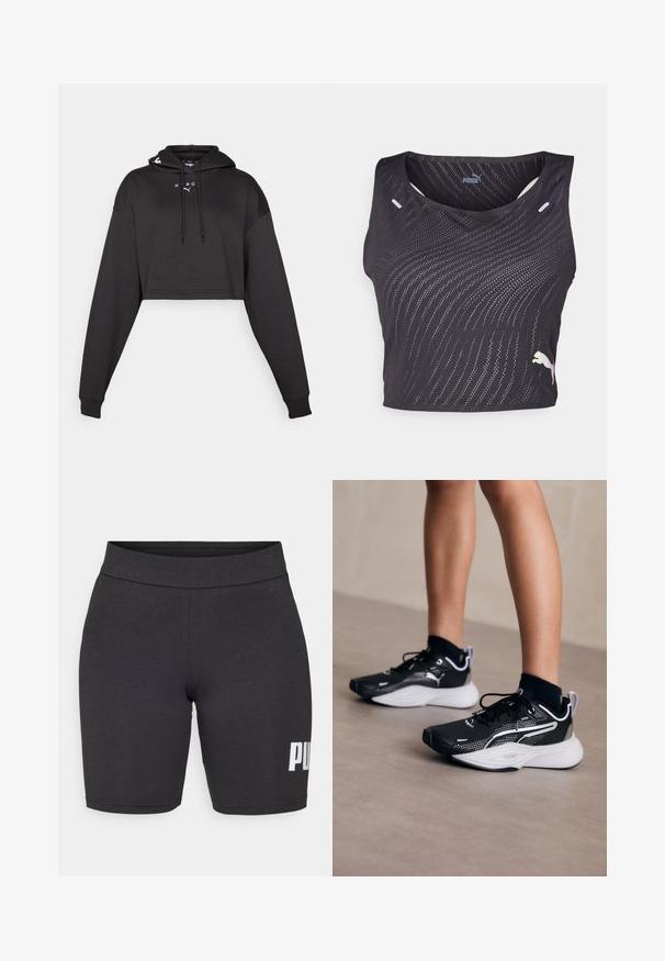 Felpa nera corta con cappuccio, dotata di maniche lunghe, lacci e un logo bianco sul davanti. Tessuto liscio e vestibilità comoda.; Top atletico senza maniche di colore nero con un motivo a onde testurizzato, piccoli fori per traspirabilità e un logo a contrasto sull'orlo.; Pantaloni corti neri realizzati in materiale elasticizzato con vita alta, che presentano un logo bianco "PUMA" sulla parte bassa della gamba destra.; Scarpe sportive nere con accenti bianchi, tomaia in rete, lacci e tallone imbottito. Presentano una suola testurizzata per una maggiore aderenza.