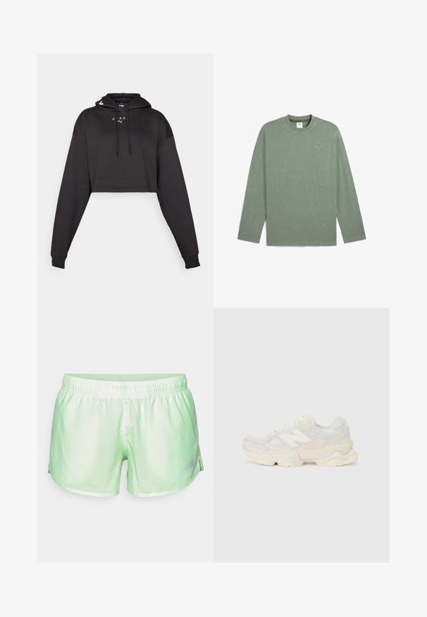 Sweatshirt cropped preto com capuz, apresentando mangas longas, cordões e um logo branco na parte da frente. Textura suave e ajuste descontraído.; Camisa de manga longa em algodão verde oliva desbotado, gola redonda, textura suave, apresenta um pequeno logótipo em verde mais claro no lado superior esquerdo do peito.; New Balance ESSENTIALS 3 - Calções desportivos - lab green; Sapatilha leve com um upper em malha e camurça em tons suaves de creme, com uma sola robusta e acentos tridimensionais.