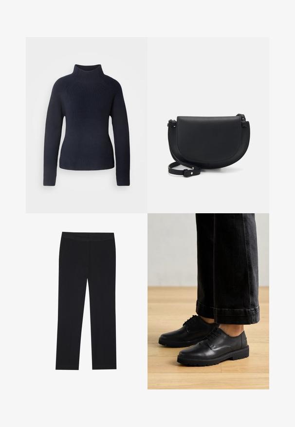 Strikket marineblå høyhalset genser med lange ermer, featuring ribbestrikket tekstur og en tettsittende silhuett. Enkel, sømløs design.; Sorte bukser med rette ben, med sidelommer og en glat stoffeksur. Minimal detaljer, ren linning.; Svarte lær snørebåndssko med en glatt tekstur, rund tå og tykk gummisåle, parret med korte mørke jeans.; Svart lær crossbody-veske med en buet fasong, magnetisk klaffelukking, justerbar reim og preget logo-detalj på fronten.
