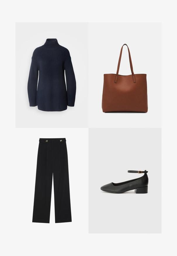 Marc O'Polo LONGSLEEVE STAND UP COLLAR - Džemperis - deep blue sea; Juodi plačios kojos kelnės su aukštu liemeniu, sagų detalėmis ant liemens ir priekinėmis raukšlėmis.; Juodas odinis aukštakulnis batelis su smailiu pirštu ir žemu bloku. Su kulkšnies dirželiu su auksinės spalvos sagtimi. Lygus paviršius.; Ruda odinė priekabų krepšys su glotnia tekstūra, atviru viršumi ir dviem petnešomis. Su minimalia siuvimo detalėmis ir nematoma aparatūra.