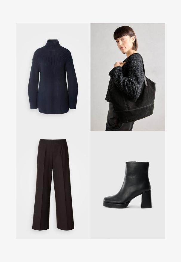 Marc O'Polo LONGSLEEVE STAND UP COLLAR - Strikkegenser - deep blue sea; Sorte vidde bukser med flat front, folder og en glatt tekstur. Har høy midje og skreddersydd snitt for en strukturert passform.; Sorte skinnankelsko med blokkhæl og plattformsåle, sett fra siden på en enkel hvit bakgrunn.; Svart semsket tote-veske med en jevn tekstur, strukturert form og kontrasterende sømmer. Har lange stropper for skulderbæring.