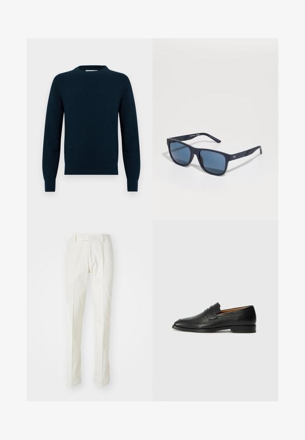 Pull tricoté en bleu marine foncé, avec un motif texturé. Col rond, manches longues, et finitions côtelées aux poignets et à l'ourlet. Matière douce avec un aspect douillet.; Pantalons blancs en coton, présentant une coupe droite, un devant plat et sans motifs ni accessoires visibles. Texture lisse.; Mocassin en cuir noir avec un bout arrondi, des coutures subtiles et un talon bas, présentant une texture lisse et un design minimaliste.; Lunettes de soleil rectangulaires bleues avec verres foncés, monture mate marine, détail de logo sur la branche, branches droites et texture lisse et uniforme.