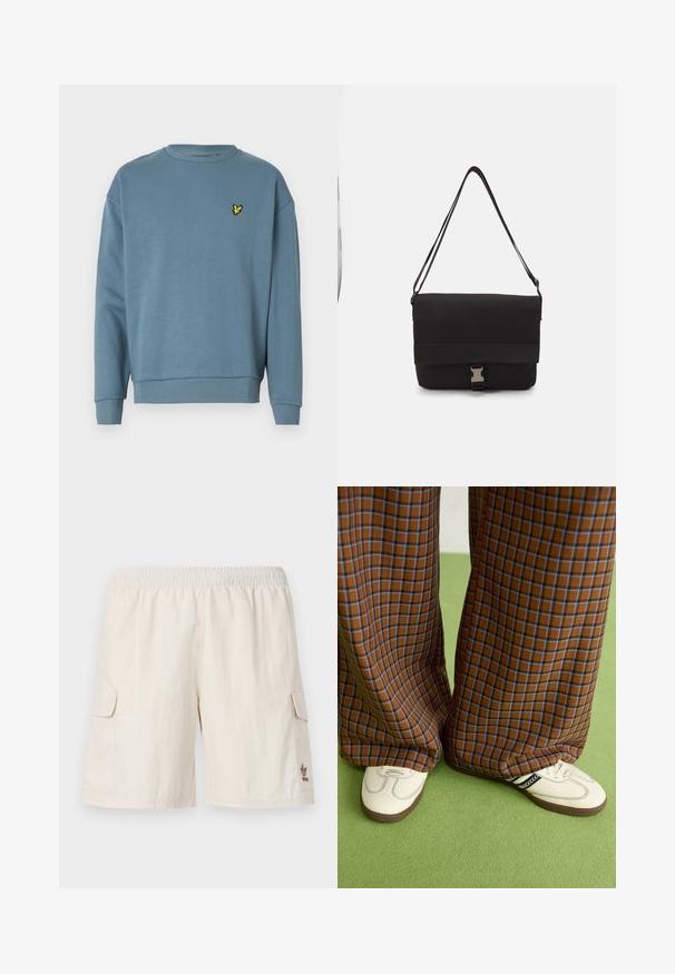 Lyle & Scott OVERSIZED CREW NECK - Camisola - light blue; Calções cargo bege com cintura elástica, dois bolsos laterais e um pequeno logótipo no canto inferior direito. Tecido suave e leve.; Calças largas em padrão xadrez castanho e azul, combinadas com sapatos brancos com detalhes pretos e solas texturizadas, contra um fundo verde.; Saco de mensageiro preto feito de material liso, apresentando uma aba dobrável, fechos de hardware prateados e uma alça de ombro ajustável.