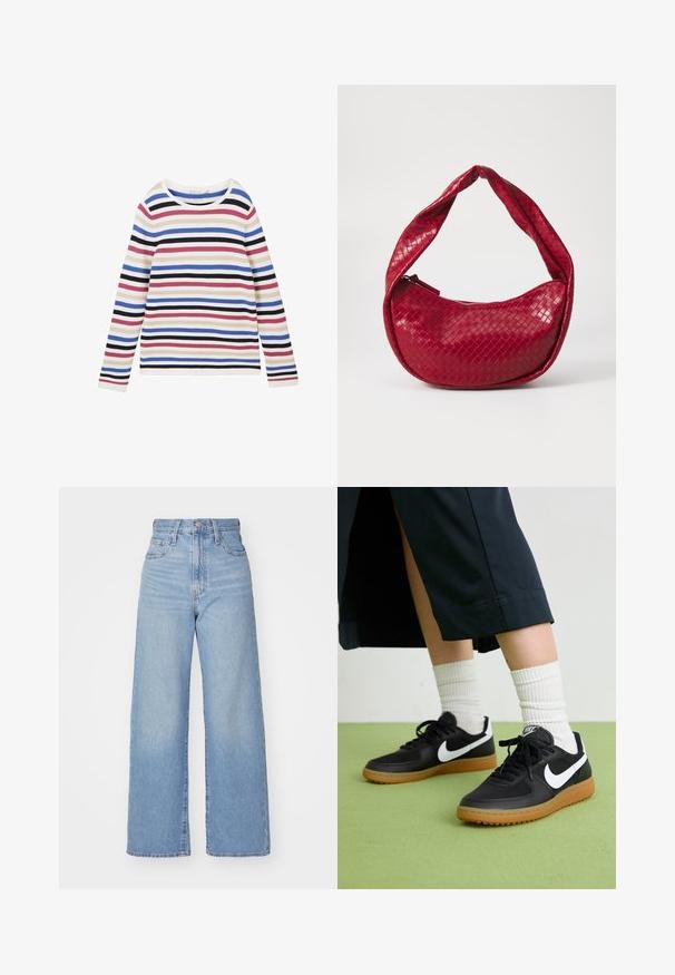 Maglietta a maniche lunghe a righe in tessuto a coste, con righe orizzontali bianche, rosa, blu, nere e viola, e scollatura rotonda.; Jeans a vita alta blu chiaro con gamba larga, chiusura frontale con bottone e zip, tasche anteriori e posteriori, su uno sfondo bianco.; Sneaker in pelle nera e sintetica con logo Nike bianco, suola in gomma, punta rotonda e lacci neri. Calze bianche a righe visibili.; Borsa a tracolla in pelle intrecciata rossa con manico curvo e imbottito, chiusura a zip e finitura testurizzata, con una lucentezza brillante.