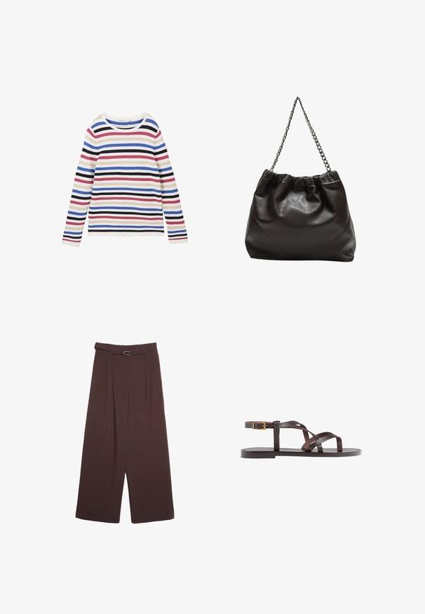 Maglietta a maniche lunghe a righe in tessuto a coste, con righe orizzontali bianche, rosa, blu, nere e viola, e scollatura rotonda.; Stradivarius WIDE-LEG WITH BUCKLE DETAIL - Pantaloni - dark brown; Sandal in pelle marrone con cinturini incrociati, chiusura con cinturino alla caviglia e suola piatta con dettagli di cucitura minimi.; Borsa in pelle marrone con parte superiore arricciata e tracolla a catena. Texture liscia con finitura lucida e dettagli di cucitura sottili sui lati.