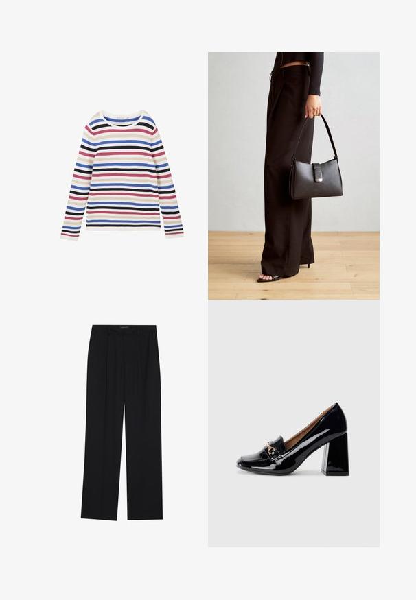 Ribiga kangast triibulise pikaisvarrukatega pluus, millel on horisontaalsed triibud valges, roosas, sinises, mustas ja lillakates toonides ning ümmargune kaelus.; Mustad püksid sirgjoonelise disainiga, millel on kaks esist taskut ja muudatus. Valmistatud siledast, kergekaalulisest kangast.; Must musta matte läikiv kõrge kontsaga king, millel on terav nina ja plokknina. Omab dekoratiivset rihma ja pandla detaili peal.; Must musta kott, millel on struktureeritud kuju, sile tekstuur ja metallist klamber. Kombineeritud laiate mustade pükstega ja avatud varvaste sandaalidega puidust põrandal.