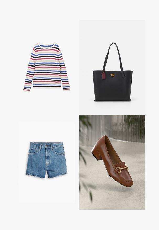 Striped long-sleeve top in ribbed fabric, featuring horizontal stripes in white, pink, blue, black, and purple with a round neckline.; Denim shorts in light blue, featuring five pockets, a zip fly, and a button closure. The hem is frayed with a relaxed fit design.; Brown patent leather loafer with square toe, metallic chain accent, and low block heel; smooth texture, minimalist design.; Black leather tote bag with two long handles, textured finish, gold hardware, and a burgundy tag. Spacious design with an open top.