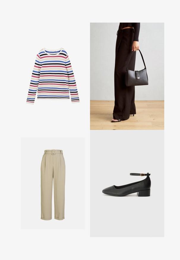 Maglietta a maniche lunghe a righe in tessuto a coste, con righe orizzontali bianche, rosa, blu, nere e viola, e scollatura rotonda.; Pantaloni beige a vita alta con design a gamba larga, caratterizzati da pieghe, una cintura abbinata con fibbia rettangolare e orli risvoltati.; Pump in pelle nera con punta affusolata e tacco basso a blocco. Presenta una cinghia alla caviglia con una fibbia in tonalità oro. Texture liscia.; Borsa nera con forma strutturata, texture liscia e una chiusura metallica. Abbinata a pantaloni neri larghi e sandali open-toe su un pavimento in legno.