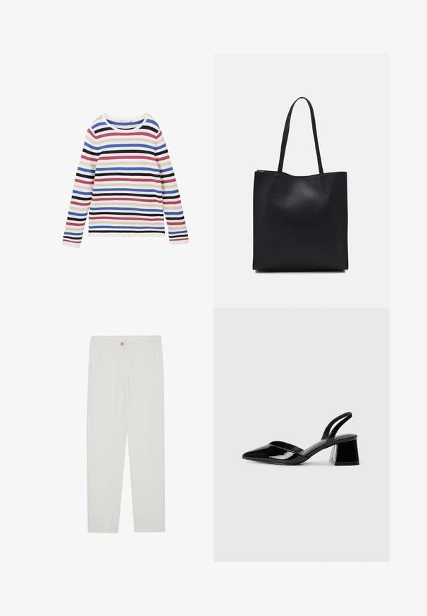 Maglietta a maniche lunghe a righe in tessuto a coste, con righe orizzontali bianche, rosa, blu, nere e viola, e scollatura rotonda.; Pantaloni bianchi su misura con design a gamba dritta, dotati di chiusura a bottone, passanti per cintura e tasche laterali; tessuto morbido.; Décolleté in vernice nera con punta affusolata e tacco in geometria cubica. Presentano un design elegante e minimalista, con una texture liscia.; Borsa tote in pelle nera con texture liscia, forma rettangolare e due manici lunghi. Nessun hardware o decorazione visibile.