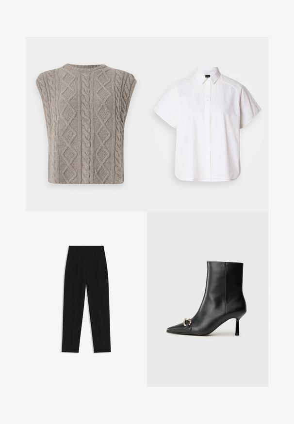 Cable-knit sleeveless sweater in soft gray. Features textured patterns of braids and diamonds. Rounded neckline and cropped silhouette.; White short-sleeve button-up shirt with a pointed collar and curved hem. Made from cotton with a smooth texture and no visible patterns.; Black trousers with a straight fit, featuring double pleats, a smooth texture, and a classic waistband design. No visible hardware or accents.; Black leather ankle boot with pointed toe, slim mid-height heel, and silver buckle detail on side against plain background.