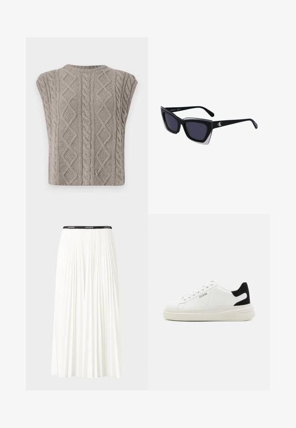 Svetr bez rukávů s pleteným vzorem v měkké šedé barvě. Obsahuje texturované vzory copánků a diamantů. Kulatý výstřih a zkrácený silueta.; Záhybová bílá sukně s černým elastickým pasem s logem "LACOSTE". Suška je střední délky a má jemnou texturu.; Bílé kožené tenisky s tlustou bílou podrážkou, černým semišovým akcentem na patě a vyraženým logem na boku. Šněrovací design se šesti očka.; Černé oversized sluneční brýle geometrického tvaru, s tmavými skly a kontrastním šedým detailem na rámu. Logo na rameni.