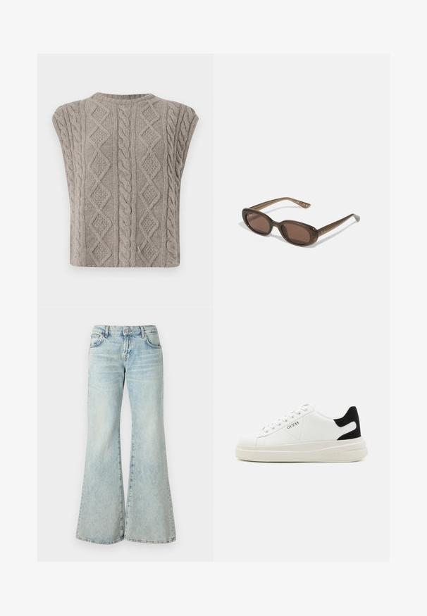 Mouwloze kabelgebreide trui in zacht grijs. Bevat textuurpatronen van vlechten en diamanten. Rond decolleté en cropped silhouet.; Wit geribd T-shirt met korte mouwen en een ronde hals. De stof lijkt glad met een getailleerde pasvorm. Logo zichtbaar op de kraag.; Lichtblauwe flared jeans van denim, met een hoge taille, zakken en rafelige zomen. De stof heeft een vervaagde wassing en een subtiele textuur.; Witte leren sneakers met een dikke witte zool, zwarte suède hielaccent en een geperst logo op de zijkant. Vetersluiting met zes oogjes.; Brown ovalen zonnebrillen met donkere lenzen. Het montuur is gemaakt van doorzichtig bruin materiaal en heeft een logo dat op de slapen is gedrukt.