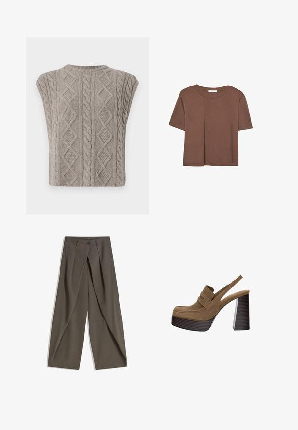 Svetr bez rukávů s pleteným vzorem v měkké šedé barvě. Obsahuje texturované vzory copánků a diamantů. Kulatý výstřih a zkrácený silueta.; Hnědé tričko s krátkým rukávem vyrobené z měkké látky, s kulatým výstřihem a volným střihem. Bez viditelných vzorů nebo dekorací.; Kalhoty s širokými nohavicemi vyrobené z texturované tkaniny tmavě šedé barvy. Obsahují přední záhyb, zapínání na knoflík a boční kapsy pro praktičnost.; Hnědé semišové platformové podpatky s tlustým, vroubkovaným blokovým podpatkem a širokým páskem přes nárt, s kulatou špičkou.