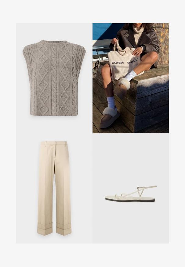 Minkštas pilkas megztinis be rankovių su kabelinėmis raštais. Savybės - tekstūriniai raštai su pynėmis ir deimantais. Apvalus iškirptė ir trumpas siluetas.; Kreminės kelnės su tiesiu kirpimu, turinčios dvigubą kraštą ant apačios ir plokščią priekinę dalį. Pagamintos iš lygaus, patvaraus audinio.; Bežiniai plokšti sandalai su keliais lieknais dirželiais ir reguliuojamu užsegimu. Padas plokščias, su lengvu tamsiu kontrastu krašte.; Šviesiai rudos spalvos rankinė su užrašu "SAMSOE" du kartus, šviesiai rudi šlepetės su baltu kailiu, baltos kojinės ir ruda avikailio striukė ant medinio paviršiaus.