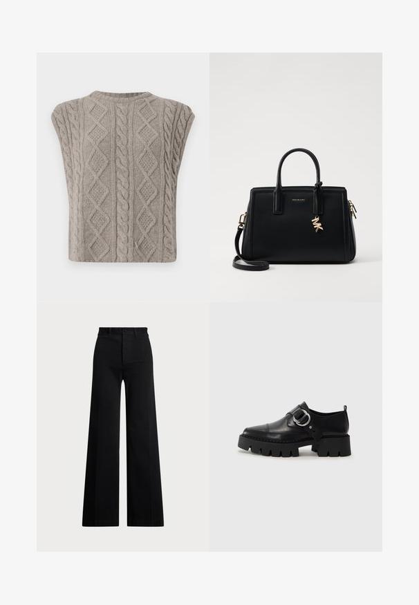Jopica brez rokavov iz pletene tkanine v mehki sivi barvi. Ima strukturirane vzorce s pletenicami in diamanti. Okrogla ovratnica in skrajšana silhueta.; Črne široke hlače iz tkanine, ki imajo visoko pasnico, sprednje zapiranje na gumb in stranske žepke. Gladek videz z jasnimi linijami.; Črne usnjene čevlje z debelim, rebrastim podplatom, ki imajo okroglo srebrno kovinsko dodatno opremo in minimalne šive.; Črna usnjena torbica s strukturirano zasnovo, dvema zgornjima ročajema, odstranjevanim naramnim trakom, zlatim okovjem in dodatkom z logotipom.