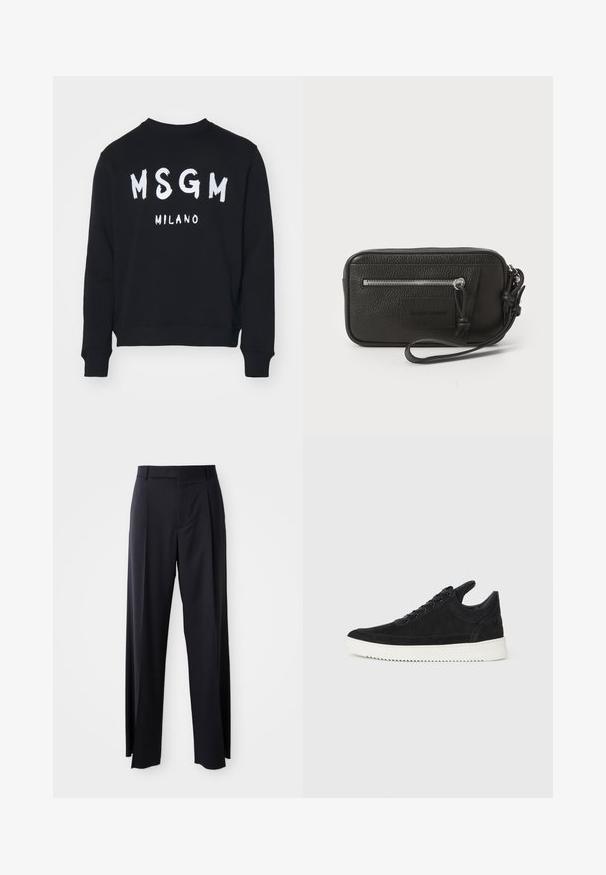 MSGM Sweatshirt - black; Black, high-waisted trousers with a wide-leg cut, made of smooth fabric. Features front pleats and belt loops. Minimalistic design, no visible hardware.; Black suede sneaker with a white rubber sole, featuring tonal stitching and lace-up design. Smooth texture with a modern, streamlined shape.; Black leather clutch with textured surface, front zip pocket, and detachable wrist strap. Features a logo patch on the front. Rectangular shape.