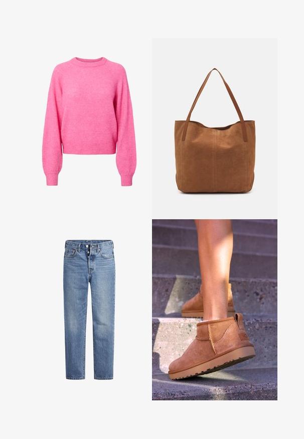 Svetra v svetlo rožnati barvi z dolgimi rokavi in okroglim izrezom, z ribastimi manšetami in robom, izdelana iz mehke, puhaste pletenine.; Svijetloplave traperice ravnog kroja s pet džepova i dugmetom. Imaju suptilno izbljeđivanje i narančaste detalje šavova.; Svetlosive nobuck gležnjarji z mehko teksturo, všitimi detajli in gumijastim podplatom, z zanko na peti za enostavno obuvanje.; Rjava nubuk torba z dvema dolgima ročajema, ki ima gladko teksturo, preprost dizajn in brez vidnih kovinskih delov ali okrasov.