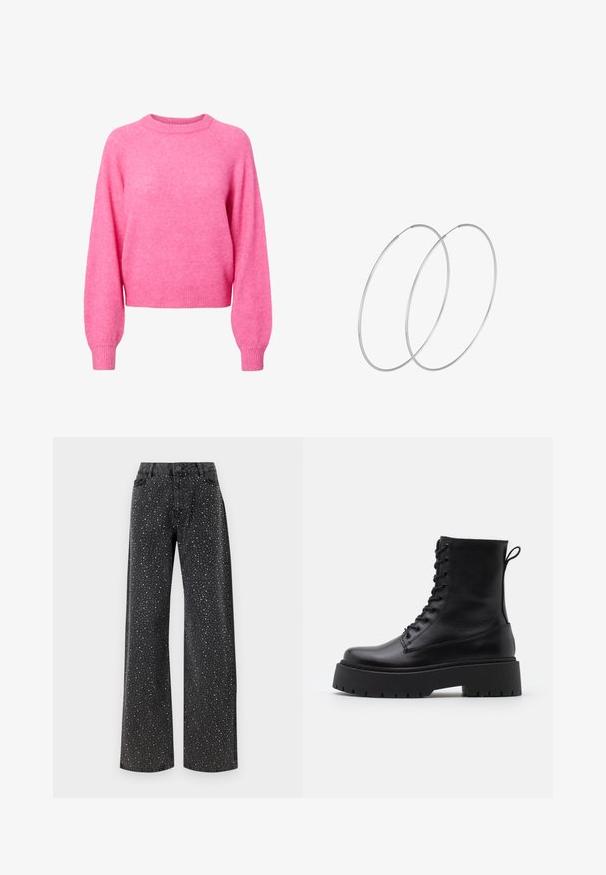 Spilgti rozā garām piedurknēm crewneck džemperis ar ribotām aprocēm un apakšmalu, izgatavots no mīksta, pūkaina adījuma materiāla.; Noisy May NMJANNEL LOOSE - Brīva piegriezuma džinsi - black denim; Melni ādas potītēm zābaki ar apļveida purngalu, auklām priekšpusē un biezu gumijas zoli ar teksturētu protektoru. Velkšanas cilpa aizmugurē.; Sudraba gredzenveida auskari ar minimālistisku dizainu. Cirkulāra forma, gluda tekstūra un plāns profils. Vieglu svaru ar spīdīgu apdari.