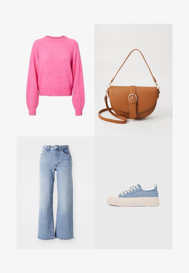 Suéter de manga longa cor-de-rosa brilhante com gola redonda, possui punhos e bainha canelados, feito de um tecido de malha macio e peludo.; Jeans de cintura alta, de perna larga, em azul claro, com bolsos frontais e traseiros, fecho de botão e desbotamento subtil nas coxas e nas bainhas.; Ténis de lona azul claro com uma biqueira e sola de borracha creme, apresentando atacadores brancos e uma alça na parte de trás.; Bolsa transversal de couro castanho com um formato curvado, ferragens douradas e um detalhe de fivela. Inclui uma alça de ombro destacável.