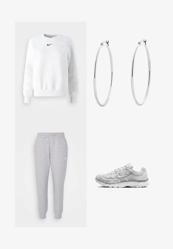 Grå hettegenser laget av myk stoff, med rund hals, lange ermer, og en subtil svart Nike-logo på brystet.; Lysegrå collegebukser med snor i livet, smalnede ben og en liten hvit logo på venstre lår. Laget av et mykt, teksturert stoff.; Lys grå sportsko med overdel i mesh og syntetisk materiale, med snøring, polstret krave og strukturert såle for grep.; Sølv øreringer i form av ringer med en glatt, polert overflate og sømløst design, som har avrundede kanter og en sikker lås.