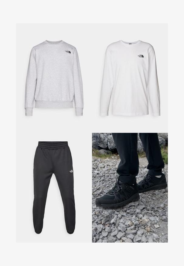 Grijze sweatshirt gemaakt van zachte stof, met lange mouwen, ronde hals, geribbelde manchetten en een klein zwart logo op de borst.; Witte lange mouwen T-shirt gemaakt van katoen met een ronde hals. Beschikt over een klein zwart logo op de borst. Soepele textuur, normale pasvorm.; Zwarte sweatpants met een trekkoord in de taille, tapered fit, elastische boorden en een klein wit logo op de linker dij, gemaakt van gladde stof.; Zwarte buitenschoenen van mesh en synthetisch materiaal, met een gestructureerd bovenwerk, een beveiligd vetersysteem en een robuuste zool, op een ruig terrein.