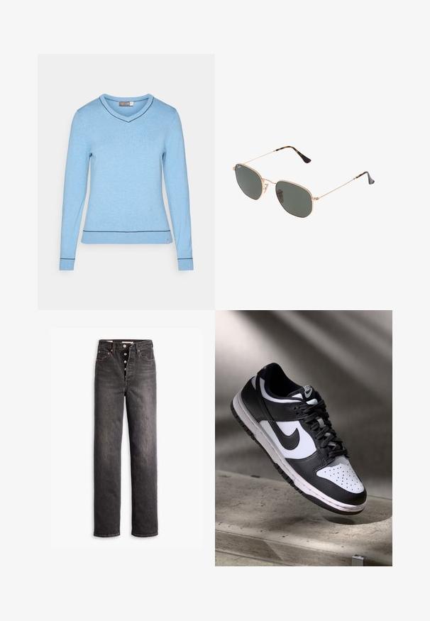 Suéter de mangas longas azul claro com decote em V, punhos e barra canelados. Apresenta uma costura em azul escuro em contraste ao longo do decote e da barra.; Calças jeans altas pretas com um design de perna reta, feitas de denim. Apresenta um fecho de botão, detalhes em metal cobre e costura em contraste.; Sapatilha Nike Dunk Low em preto e branco com parte superior em pele, caixa de biqueira perfurada e atacadores pretos, apresentando uma sola branca e detalhes em logótipos.; Óculos de sol de armação dourada com lentes verde-escuras, estilo aviador, apresentando hastes finas e detalhes em tartaruga nas pontas.; Saco tote preto com padrão geométrico, feito de material texturizado. Apresenta alças resistentes e uma etiqueta, forma estruturada.
