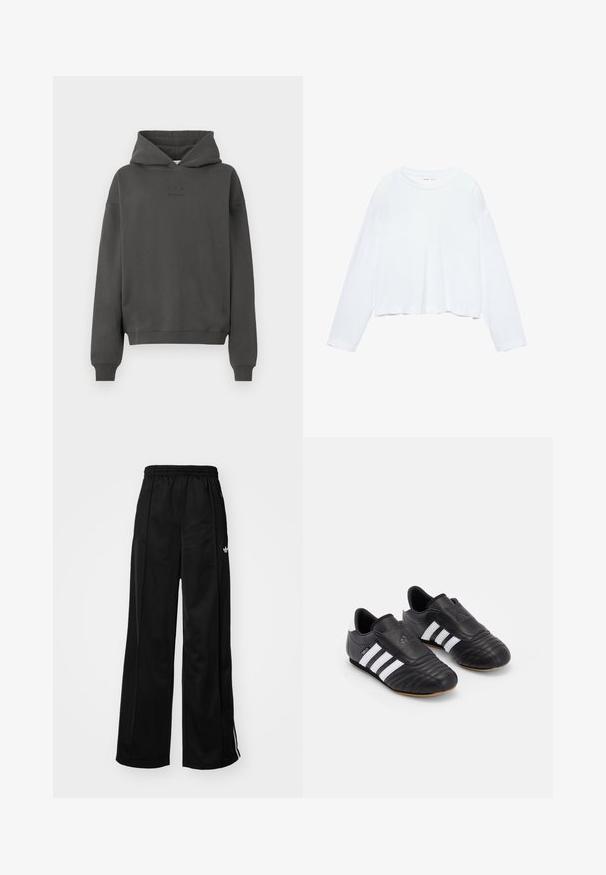 Sötét szürke kapucnis pulóver puha anyagból, húzózsinóros kapucnival, bordás mandzsettákkal és diszkrét logóval az elején.; Hosszú ujjú, fehér, rövidített póló, puha anyagból készült, kerek nyakkal és laza szabással, felgöngyölt ujjaival. Egyszerű és letisztult design.; Fekete, bő szárú tréningnadrág, elasztikus derékkal, fehér oldalsávokkal és egy kis logóval a bal csípőn. Sima anyag textúrával.; Fekete focicipők, strukturált bőr felsőrésszel, párnázott orral, oldalt három fehér csíkkal és gumitalppal.