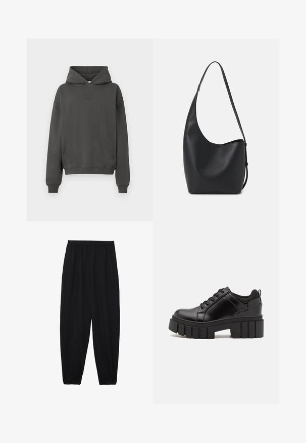 Mørk grå hettegenser laget av mykt materiale, med snor i hetten, ribbestrikkede ermer og en diskret logo trykket på forsiden.; Svarte, lette bukser med elastisk liv og rynkede ankler. Stoffet er glatt og har en avslappet, innsvingt design.; Svarte lærplattformsko med kraftig blokkhell, rund tå og tradisjonell snøring. Har en jevn tekstur og minimal detaljering.; Svart lær hobo-veske med glatt tekstur, buet form og enkelt justerbart stropp; har en bred åpning på toppen.