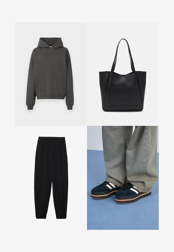 Dark gray hoodie made of soft material, featuring a drawstring hood, ribbed cuffs, and a discreet logo printed on the front.; Black, lightweight pants with an elastic waistband and gathered ankles. The fabric is smooth and features a relaxed, tapered design.; Dark blue suede platform sneakers with white stripes and black laces. Features a thick brown rubber sole. Worn with light blue denim pants.; Black tote bag made of smooth synthetic material, featuring two long handles and a front slip pocket. Open top with angular design.