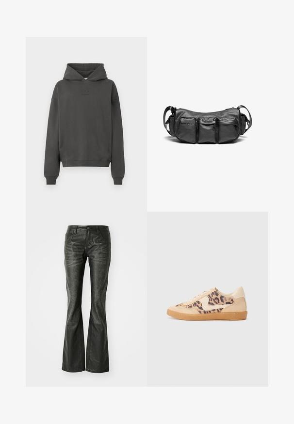 Sudadera gris oscuro hecha de un material suave, con capucha ajustable, puños acanalados y un logo discreto impreso en la parte frontal.; Pantalones flared de cuero sintético negro con bolsillos frontales, cierre de botón metálico y una superficie ligeramente texturizada. Pierna recta con un corte largo.; Zapatillas de leopardo con parte superior de ante beige, suela de goma marrón y acentos blancos. Punta redonda y diseño con cordones con un acabado texturado.; Bolso cruzado de cuero negro con un acabado texturizado. Presenta tres bolsillos exteriores y una correa ajustable. Forma compacta y redondeada.