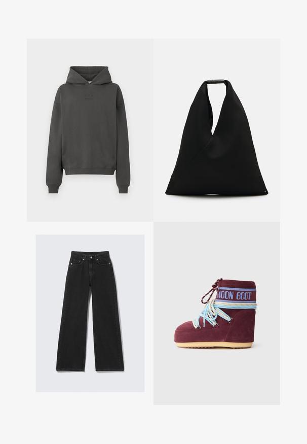 Dark gray hoodie made of soft material, featuring a drawstring hood, ribbed cuffs, and a discreet logo printed on the front.; Wide-leg black denim jeans with a fitted waist, sturdy fabric, front pockets, and gold-tone hardware details.; Maroon suede Moon Boot with light blue and cream laces wrapped around ankle, blue logo band, and beige sole on white background.; Black fabric tote bag with a unique V-shape design and a smooth texture. Features a short handle with minimalistic hardware detail.