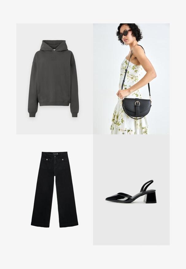 Dunkelgrauer Hoodie aus weichem Material, mit einer Kordelzugkapuze, gerippten Bündchen und einem dezenten Logo auf der Vorderseite.; Schwarze, weit geschnittene Jeans mit hoher Taille, die zwei Fronttaschen und metallene Knopfakzente aufweist. Der Stoff hat eine glatte Textur.; Schwarze Lackleder-Slingback-High Heels mit spitzem Schuh und einem geometrischen Blockabsatz. Verfügt über ein schlankes, minimalistisches Design und eine glatte Textur.; Schwarze Lederhandtasche mit geschwungener Form, abnehmbarem Tragegurt und goldenen Beschlägen. Die Tasche verfügt über einen Deckel mit einer Schnallen-Details.