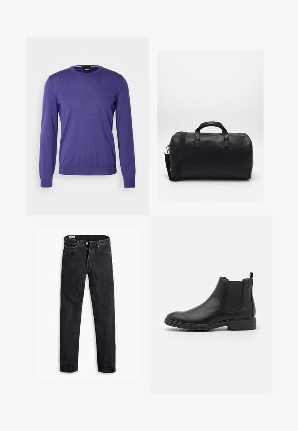 BOSS BOTTO - Džemperis - medium purple; Juodi džinsai su tiesiu kirpimu. Turintys penkis kišenes, dvi priekines sagų uždarymo detales ir subtilią kontrastingą siuvinėjimą. Matinis paviršius.; Juodas odinis Čelsio batų modelis su elastinėmis šoninėmis juostelėmis ir kilpike, apvalia nosimi ir tekstūruotu guminiu padu.; Juodas sportinis krepšys, pagamintas iš tekstūruotos sintetinės medžiagos. Yra du rankenoms ir reguliuojama petneša. Paprastas dizainas be matomų raštų.