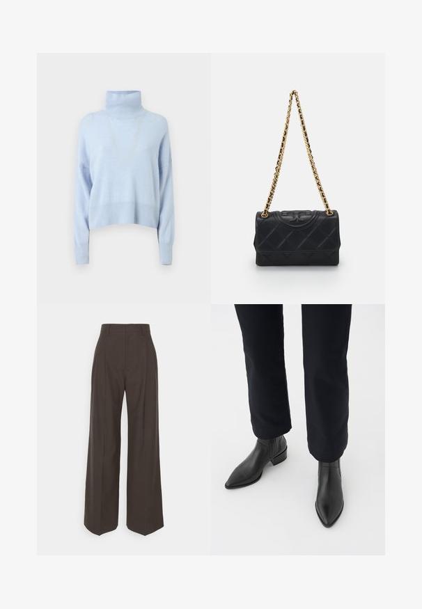 Vaalea sininen pooloneule, joka on valmistettu pehmeästä kankaasta. Se on lyhennettymallinen, pitkähihainen ja siinä on ribbaus hihansuissa ja helmassa.; Tummanruskeat leveälahkeiset housut korkealla vyötäröllä, joissa on siistit prässäykset, sileä pinta ja muotoonommeltu istuvuus.; Musta nahkasaapas nilkkamalli, jossa on terävä kärki, blokkikorko ja karheat sivupaneelit, yhdistettynä tummiin housuihin valkoista taustaa vasten.; Musta tikattu nahkalaukku, jossa on kultaketjuolkain, etupuolella teksturoitu logo ja suorakulmainen muoto.; CASH-MERE MIT CARO STYLE UND TOUCHSCREEN TAUGLICH - Sormikkaat - schwarz
