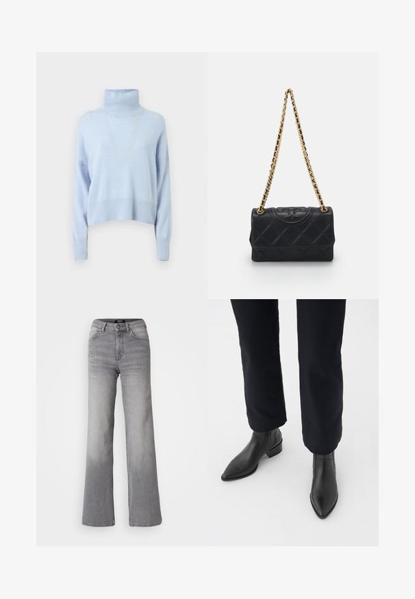 Helles blaues Rollkragensweatshirt aus weichem Stoff, mit einem kurzen Design, langen Ärmeln sowie gerippten Bündchen und Saum.; Hochtaillierte graue Denim-Jeans mit geradem Bein, Frontknopf und Reißverschluss, Vorder- und Gesäßtaschen sowie ausgewaschenen Schattierungen an Oberschenkeln und Waden.; Schwarze Leder-Stiefeletten mit spitzem Zehenbereich, Blockabsatz und strukturierten Seitenpaneelen, kombiniert mit dunklen Hosen vor einem weißen Hintergrund.; Schwarze gesteppte Lederhandtasche mit einer goldenen Kettenriemen, versehen mit einem strukturierten Logo auf der Vorderseite und in rechteckiger Form.; CASH-MERE MIT CARO STYLE UND TOUCHSCREEN TAUGLICH - Fingerhandschuh - schwarz