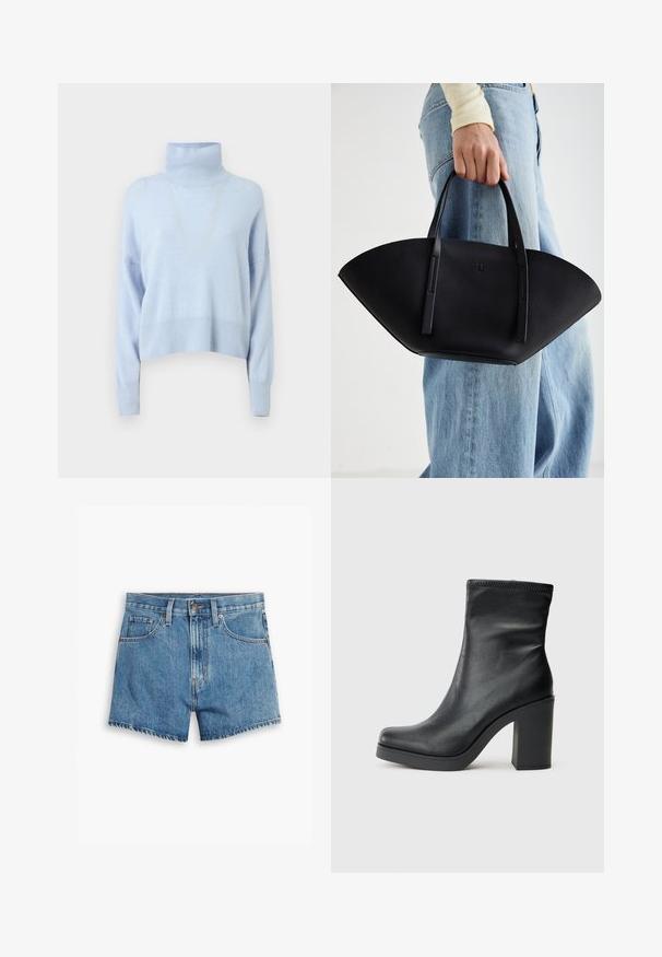 Světle modrý rolák vyrobený z měkké látky, který má zkrácený střih, dlouhé rukávy a žebrované manžety a lem.; Džínové šortky v světle modré barvě, s pěti kapsami, zipovým zapínáním a knoflíkovým uzávěrem. Lem je roztrhaný s uvolněným střihem.; Černá kožená kotníková bota s vysokým blokovým podpatkem, hladkou texturou, přiléhavým designem a prošíváním na vršku.; Černá kožená kabelka s jedinečným tvarováním ve tvaru vějíře, vybavená plochými uchy. Povrch má jemně zrnitou texturu a minimalistický design.