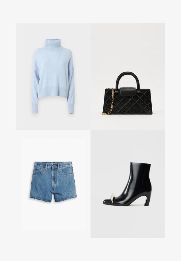 Světle modrý rolák vyrobený z měkké látky, který má zkrácený střih, dlouhé rukávy a žebrované manžety a lem.; Džínové šortky v světle modré barvě, s pěti kapsami, zipovým zapínáním a knoflíkovým uzávěrem. Lem je roztrhaný s uvolněným střihem.; Černé kotníkové boty vyrobené z lesklé kůže, s špičatou špičkou a dekorativním zlatým a stříbrným akcentem na přední straně. Design s blokovým podpatkem.; Černá kabelka vyrobená z texturované kůže se vzorem diamantů, zlatě tónovaný řetízek, a horní rukojeť s klopou opatřenou embosovaným logem.
