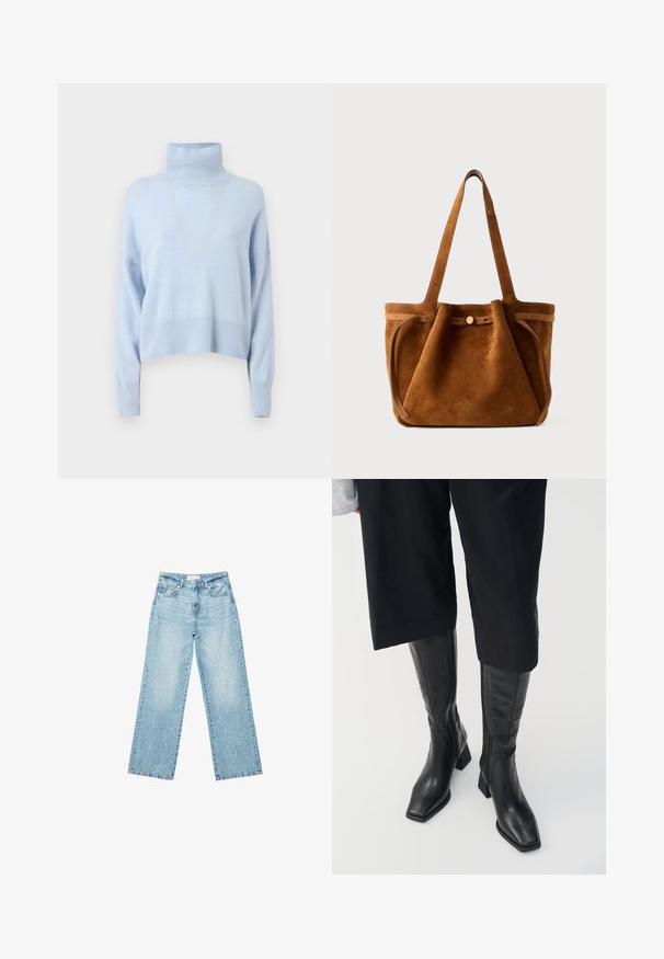 Svetrov z mehkega materiala v svetlo modri barvi, s krojenjem, ki je krajše, dolgimi rokavi ter rebrastimi manšetami in robom.; Svjetloplave široke traperice s visokim strukom, s izblijedjelim pranjem i malim, raštrkanim oštećenjima po cijelom dijelu.; Črne usnjene škornje do kolen s kvadratnim nosom in blok peto. Imajo stranski zadrgo in gladko teksturo.; Rjava nubuk torba za ramena z dvema ročajema, z loputo na gumb in sproščenim, rahlo ohlapnim oblikovanjem.