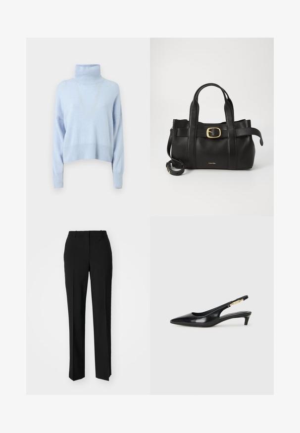 Svijetloplavi pulover s visokim ovratnikom izrađen od mekanog materijala, sa skraćenim dizajnom, dugim rukavima te rebrastim manžetama i rubom.; Crne krojene hlače ravnog kroja, s glatkom teksturom i oštrim pregibima naprijed. Bez vidljivih metalnih dijelova.; Crne kožne sandale s petom, s izduženim vrhom, imaju usku petu i zlatni akcent na podesivoj traci. Glatka tekstura.; Crna kožna torba s strukturiranim dizajnom, dvostrukim gornjim ručkama, zlatnim kopčom kao naglaskom i utisnutim logotipom marke sprijeda.