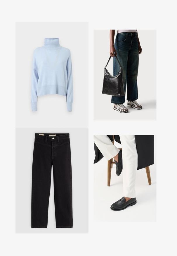 Pulôver de gola alta azul claro feito de tecido macio, apresentando um design cropped, mangas longas e punhos e bainha canelados.; Jeans pretos com corte reto, feitos de denim. Apresentam bolsos frontais, fecho com botão e costura em contraste.; Mocassins de couro preto com uma textura suave e um detalhe de tira larga, usados com calças brancas sob medida. O salto apresenta um design plano.; Bolsa de ombro em couro preto com textura suave e alça ajustável, combinada com jeans de perna larga desbotados e ténis desportivos.