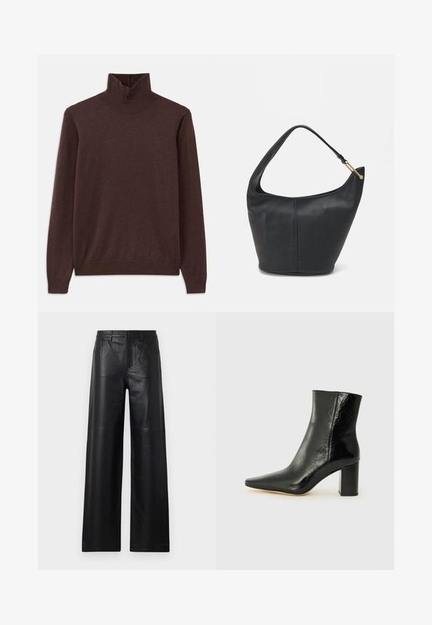 Suéter castanho de gola alta feito de tecido macio, com um design ajustado e decote canelado. Mangas longas e uma textura suave sem padrões.; Calças de couro pretas de perna larga com uma textura suave, apresentando bolsos frontais, fecho com botão e detalhes de costura subtis.; Botim preto até ao tornozelo, feito de couro brilhante, com bico apontado e um salto grosso e quadrado. Apresenta uma textura suave e um design minimalista.; Bolsa de mão em pele preta com uma forma arredondada, uma alça larga e um acabamento texturizado. Apresenta um discreto detalhe de costura e um acabamento em metal dourado.