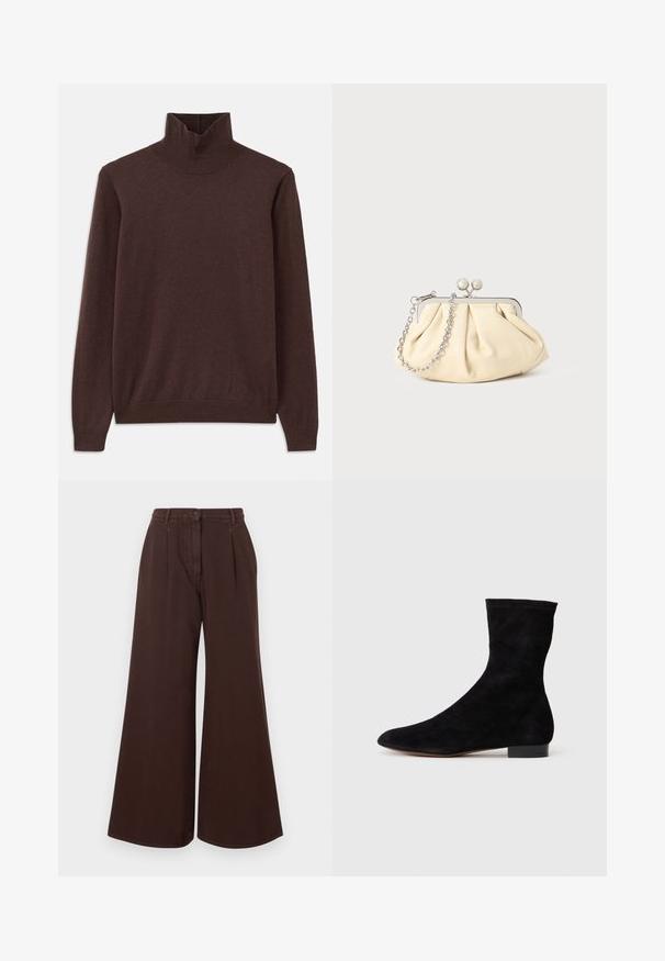 Pruun turtleneck-svetar, mis on valmistatud pehmest kangast, omab istuvat disaini ja soonikkoes kaelust. Pikad varrukad ja sile tekstuur ilma mustriteta.; Kõrge vöökoht, laiad pruunid püksid nupuga ja tõmblukuga, vöörihmadega ning ees olevate voltidega.; Musthave mustan nahast pahkluu saabas, millel on kitsas vars, terav nina ja madal plokk-konts. Pehme tekstuur ja minimalistlik disain, sobib mitmekesiseks stiliseerimiseks.; Kortsus beežist nahast kotike, millel on hõbedane metallraam, kaunistatud kahe ümmarguse dekoratiivse lukuga ja hõbedase ketispideme.