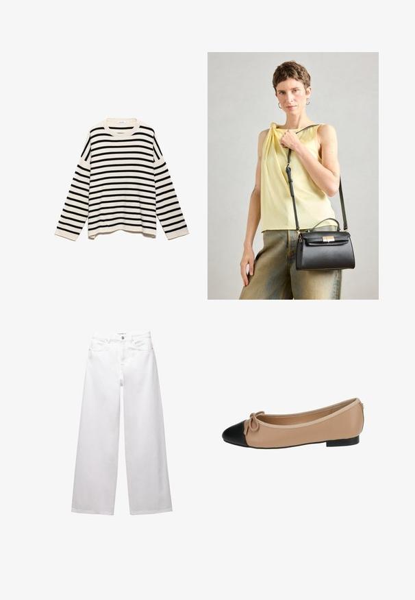 Gestreepte pullover trui met een zwart en crème patroon, gemaakt van textuurstof, met lange mouwen en een ronde halslijn.; Witte wijde denim jeans. Voorzien van een knoopsluiting, voor- en achterzakken, en gestikte naden. Soepele textuur met minimale details.; Ballett balletflat van beige leer met een zwarte punt. Heeft een strikdetail aan de voorkant en een gladde textuur. Laag profiel ontwerp met een rubberen zool.; Zwarte leren handtas met een gestructureerd ontwerp, een bovenhandvat en een verstelbare schouderriem. Strakke textuur en een gouden hardware sluiting detail.