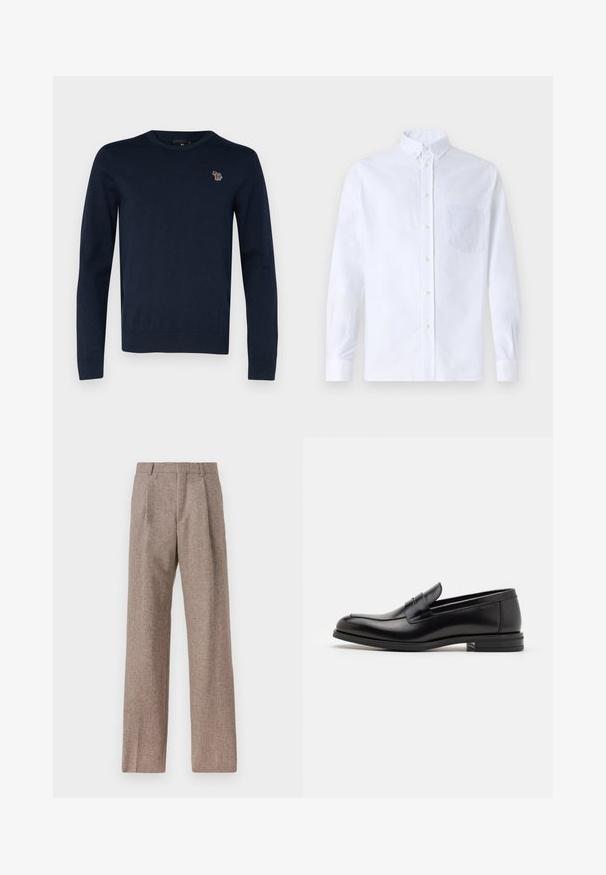 Mornarsko modra pletena pulover s okroglim izrezom, dolgimi rokavi in majhnim vezenim motivom živali na prsih. Mehka tekstura, rebrast rob.; Bela dolgo rukava srajca s kragnico, izdelana iz bombaža, z žepom na prsih in toniranimi vezeninami ter gumbi na manšetah.; Rjave hlače z visokim pasom, izdelane iz teksturirane tkanine. Imajo široke noge in dve sprednji pregibi za strukturo. Urejen zaključek brez vidne strojne opreme.; Črne usnjene loafer čevlje z gladko teksturo, zaobljenim nosom in dekorativnim trakom čez zgornji del. Nizka zložena peta, minimalističen dizajn.