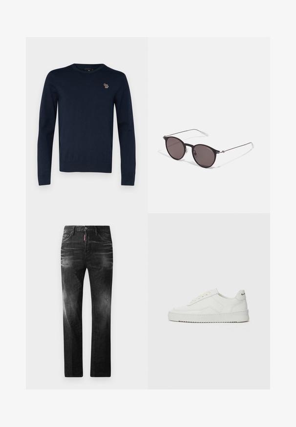 Navy blue knit sweater with a round neckline, long sleeves, and a small embroidered design of an animal on the chest. Soft texture, ribbed hem.; Black denim jeans with a straight fit. Features faded areas, minor distressing, classic five-pocket design, and a button closure.; White leather sneaker with a smooth finish, round toe, flat laces, and a textured sole. Features a subtle logo on the heel.; Black round sunglasses with dark lenses and slim metal arms. Includes clear temple tips and silver accents at the hinge. Minimalist design.