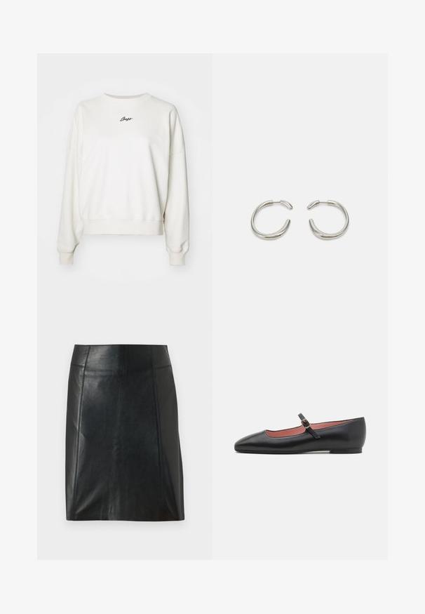 Bela bombažna majica s krojem, spuštenimi rameni, rebrastimi manšetami in izvezenim logotipom "Boss" v črni barvi na prsih.; Črna usnjena krilo s prilegajočo zasnovo. Gladka tekstura, šivi, ki obdajajo obliko, in ravna obroba. Minimalističen in eleganten videz.; Črne usnjene balerinke s koničastim nosom in zapenjanjem okoli gležnja, ki ima zlato sponko. Gladka tekstura z rahlo sijočim zaključkom.; Srebrne okrogle uhane z gladkim, zaobljenim dizajnom in sijajno polirano končno obdelavo. Imajo minimalistično obliko z rahlo odprtino.